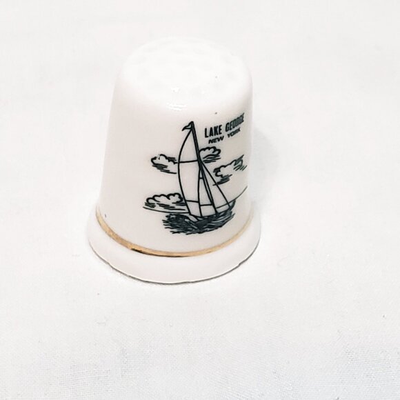 Lake George New York Sailboat Thimble Souvenir Porcelain Vintage 1" White Black - Picture 2 of 10